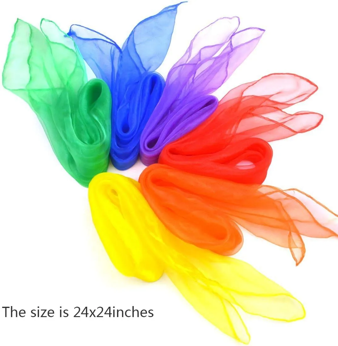 12pcs Square Juggling Silk Dance Scarves Magic Tricks Performance Props Accessories Movement Scarves Rhythm Band Scarf 24 by 24 Inches 6 Colors