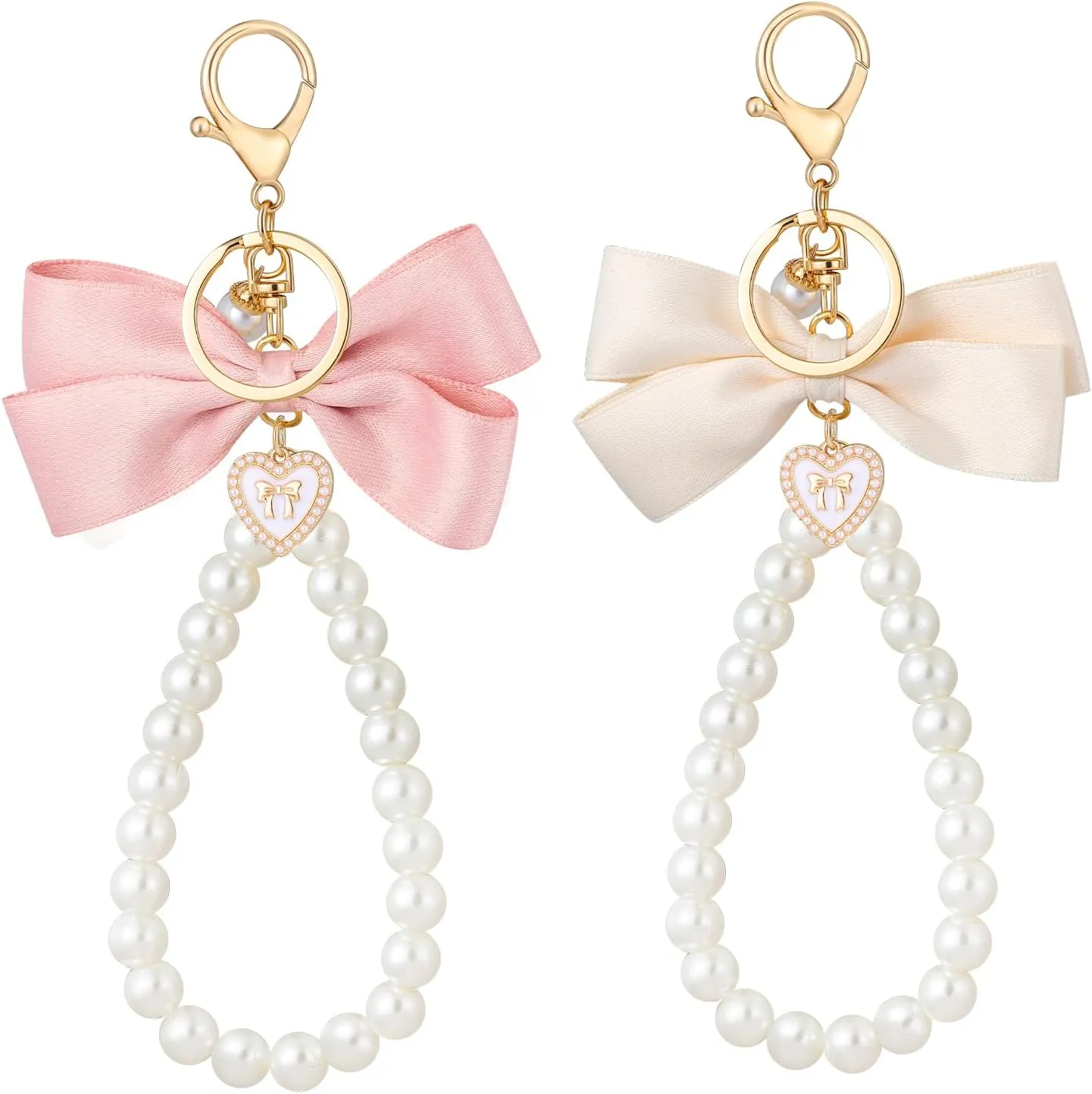 2Pcs Cute Bow Keychain for Women,Purse Charms Bow Bag Charms for Handbag, Pearl Keychain Accessories for Car