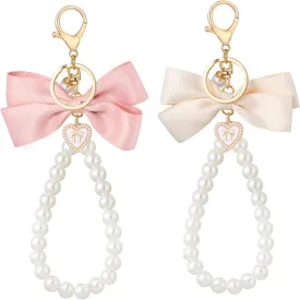 2Pcs Cute Bow Keychain for Women,Purse Charms Bow Bag Charms for Handbag, Pearl Keychain Accessories for Car