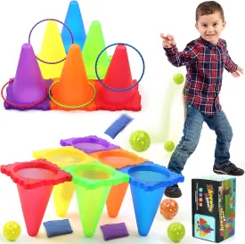 3-in-1 Carnival Games Set for Kids : Ring Toss Game with Cornhole Bean Bags, Connectable Cones, Rings and Balls - Childrens Indoor/Outdoor Activities Toys for Yard, Lawn, Toddler Birthday Party