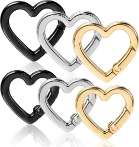6 Pcs Heart Carabiner Keychain Clip Cute Keychain Hook Heart Shaped Carabiner Key Ring for Camping Accessories, Backpack Water Bottle Zinc Alloy Accessory (Gold, Silver, Black)