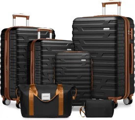 6 Piece Luggage Sets, Carry On Luggage Set with Travel Bag & Toiletry Bag, Expandable ABS Suitcase with Double Spinner Wheels, Checked Hardshell Suitcase 18/20/24/28in for Women Girl, Black