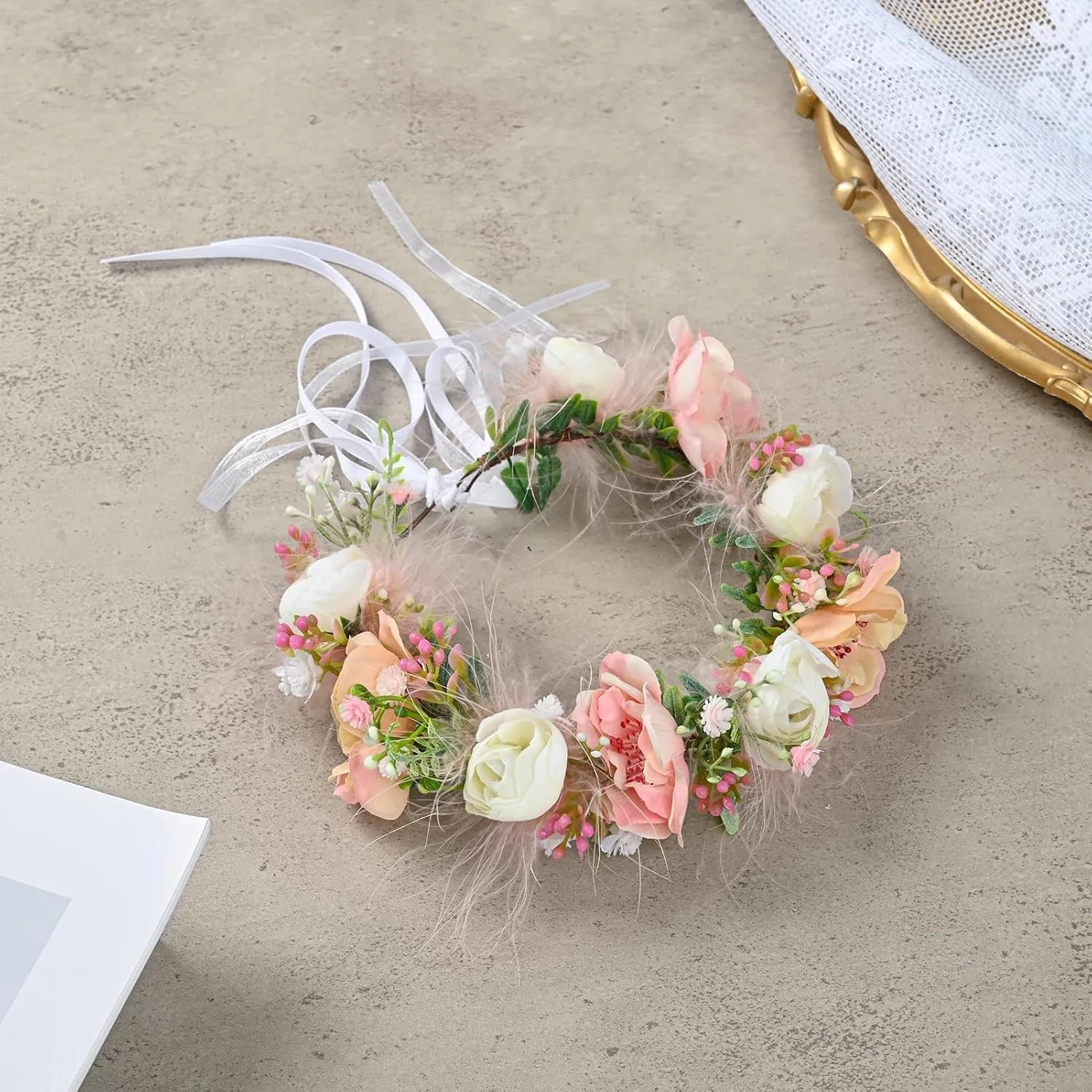 Baby Girls Flower Crown Flower Girl Headpiece Boho Little Wreaths for Weddings, Family Photography (Champagne White)