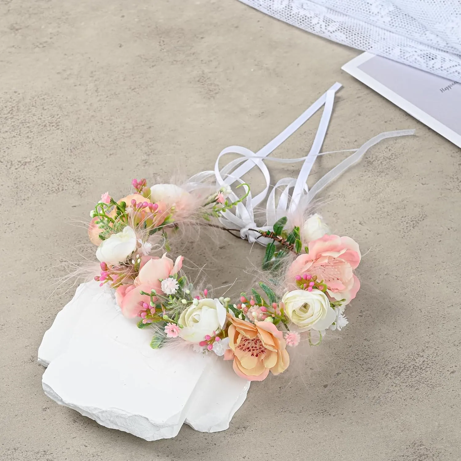 Baby Girls Flower Crown Flower Girl Headpiece Boho Little Wreaths for Weddings, Family Photography (Champagne White)