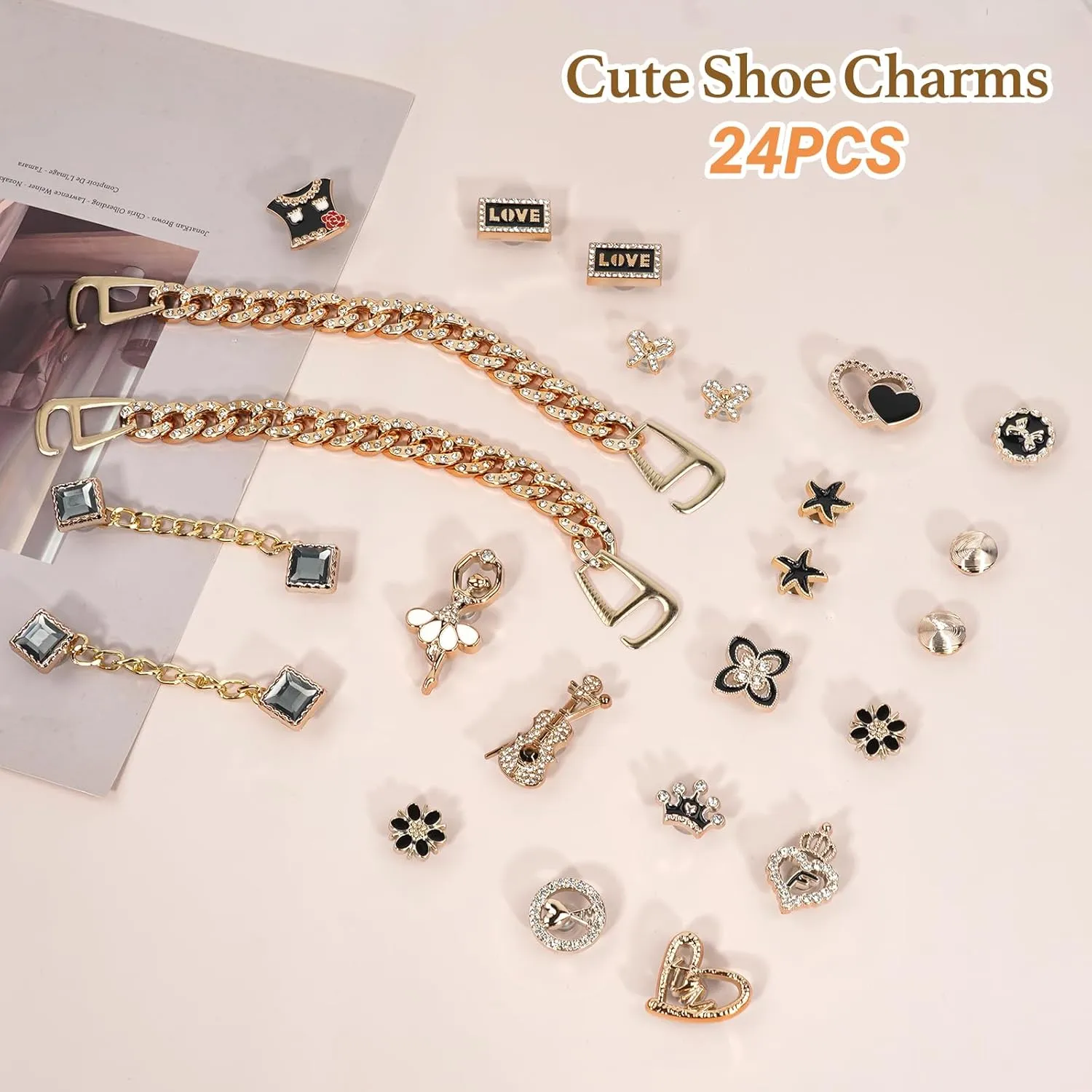 Bling Shoe Charms for Girls and Women, Girly Gold Shoe Charms for Crocs, 24 PCS Glitter Shoe Charms Bulk, Shoe Chains Shoe Pins, Shoe Accessories, Rhinestones Shoe Decoration