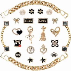 Bling Shoe Charms for Girls and Women, Girly Gold Shoe Charms for Crocs, 24 PCS Glitter Shoe Charms Bulk, Shoe Chains Shoe Pins, Shoe Accessories, Rhinestones Shoe Decoration