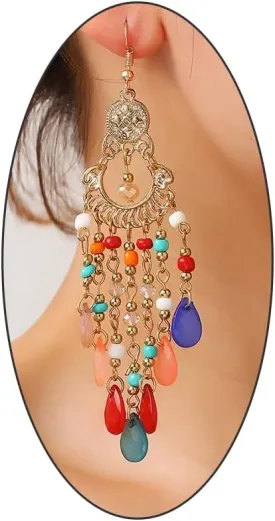 Boho Long Tassel Chandelier Dangle Earrings for Women,Gold Disc Filigree Colorful Teardrop Beaded Hook Earrings,Vintage Geometric Statement Jewelry