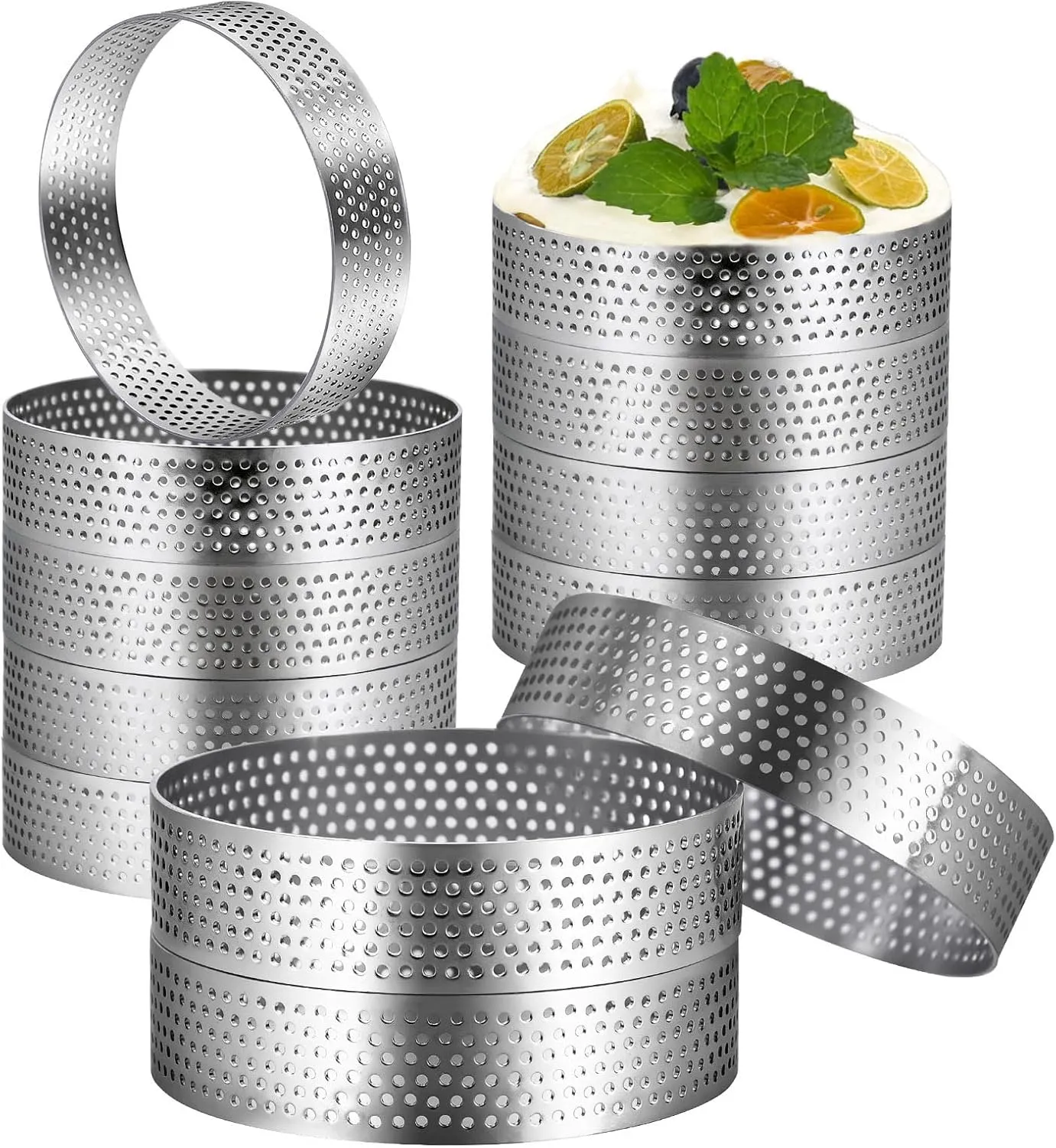 DATANYA 12Pack Tart Rings Perforated Tart Ring, Stainless Steel Cake Rings 4 Inch Round Mousse Ring Molds for Baking Cooking Dessert, small fruit tartet crust