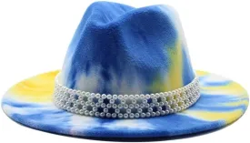 DHAEY European and American Style New Felt Hat, Autumn and Winter Tie-Dyed Wool Fashion Flat Brim Jazz Hat with Pearl Belt Luopan Caps & Hats (Color : Blue Yellow, Size : 56-58cm)