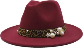 DHAEY Fashion Leopard Texture Pearl Wool Hat Men and Women Jazz Hat Autumn and Winter Versatile Felt Hat Flat Brim Hat with Leopard Belt Luopan Caps & Hats (Color : Claret, Size : 59-61cm)