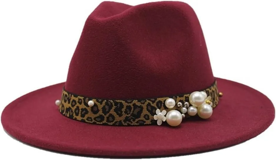 DHAEY Fashion Leopard Texture Pearl Wool Hat Men and Women Jazz Hat Autumn and Winter Versatile Felt Hat Flat Brim Hat with Leopard Belt Luopan Caps & Hats (Color : Claret, Size : 59-61cm)