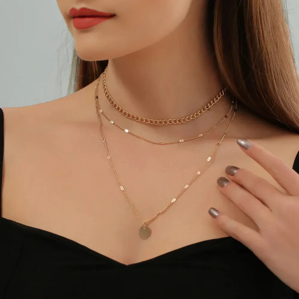 European Personality Metal Clavicle Retro Geometric Disc Wafer Gift Necklake