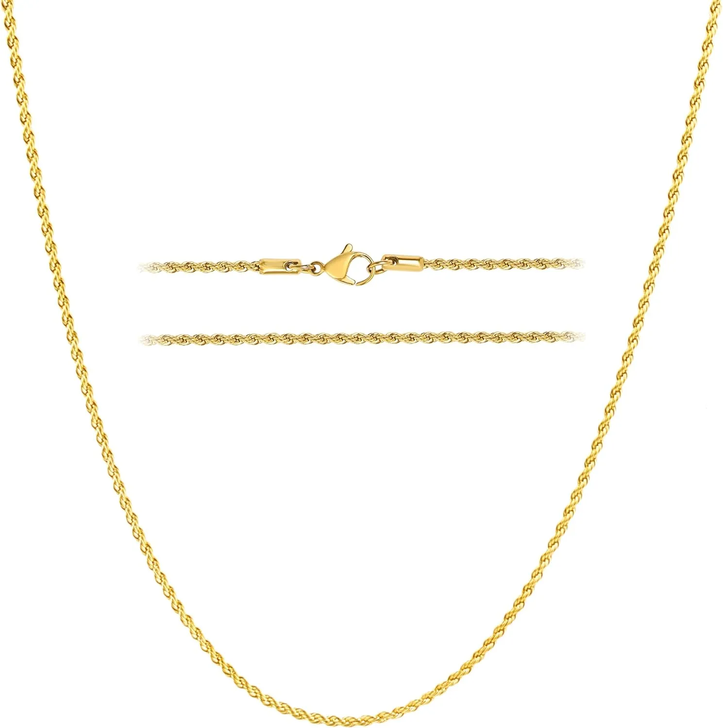 KISPER 18k Gold Hip Hop Rope Chain Necklace ?C Gold Plated Stainless Steel Jewelry for Women & Men with Lobster Clasp