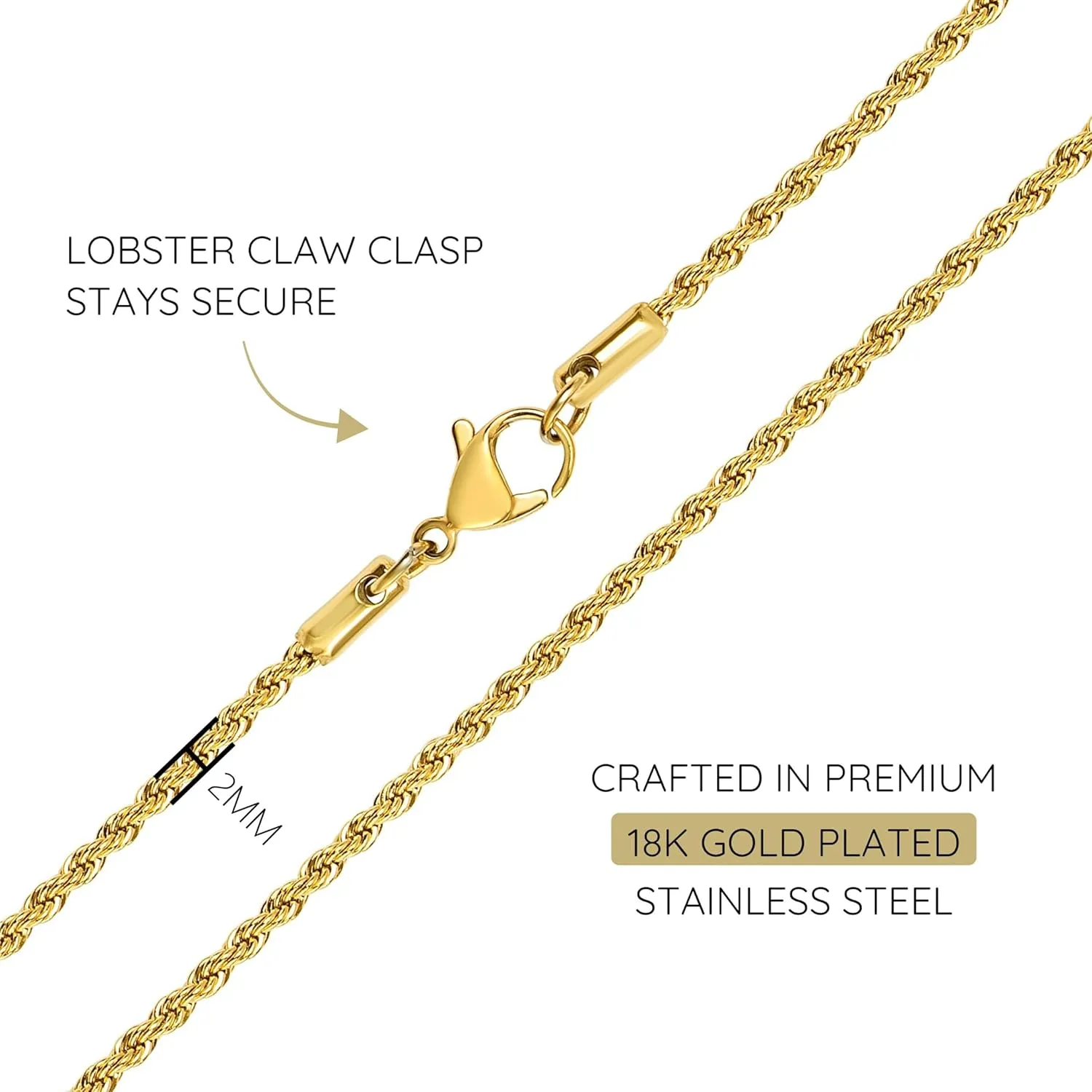 KISPER 18k Gold Hip Hop Rope Chain Necklace ?C Gold Plated Stainless Steel Jewelry for Women & Men with Lobster Clasp
