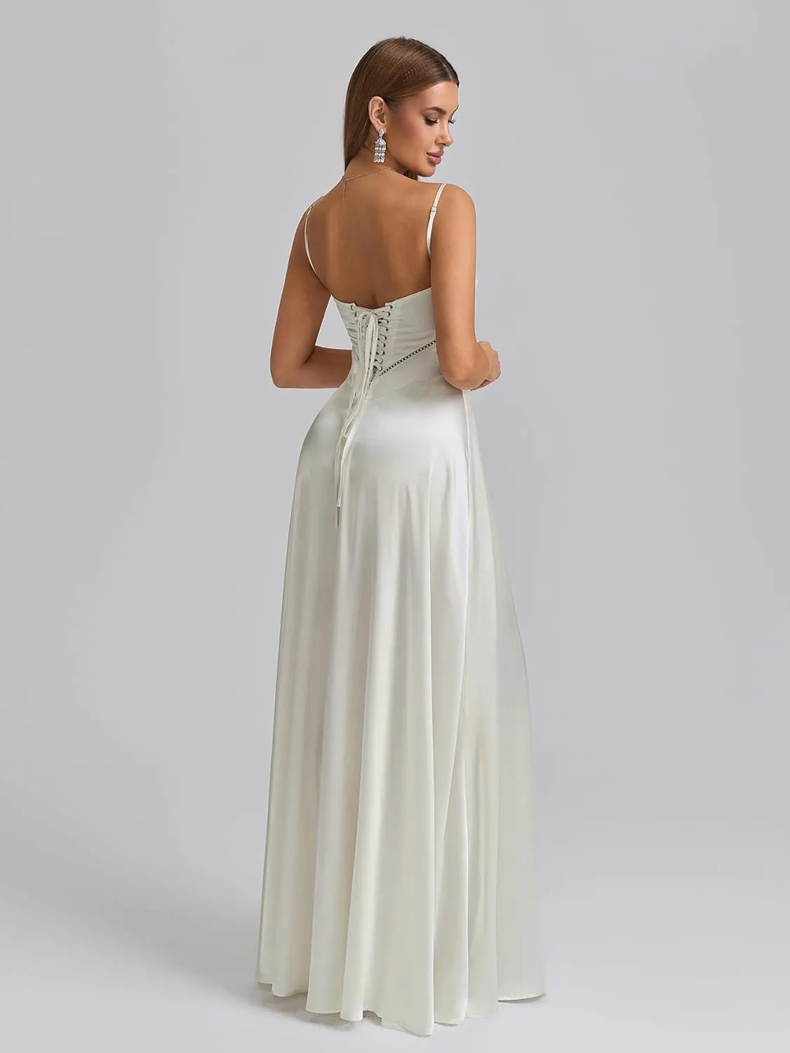 KUTUMAI Satin Maxi Dress Spaghetti Strap Lace Up Long Formal Dresses for Women Wedding Guest Cocktail Evening Prom