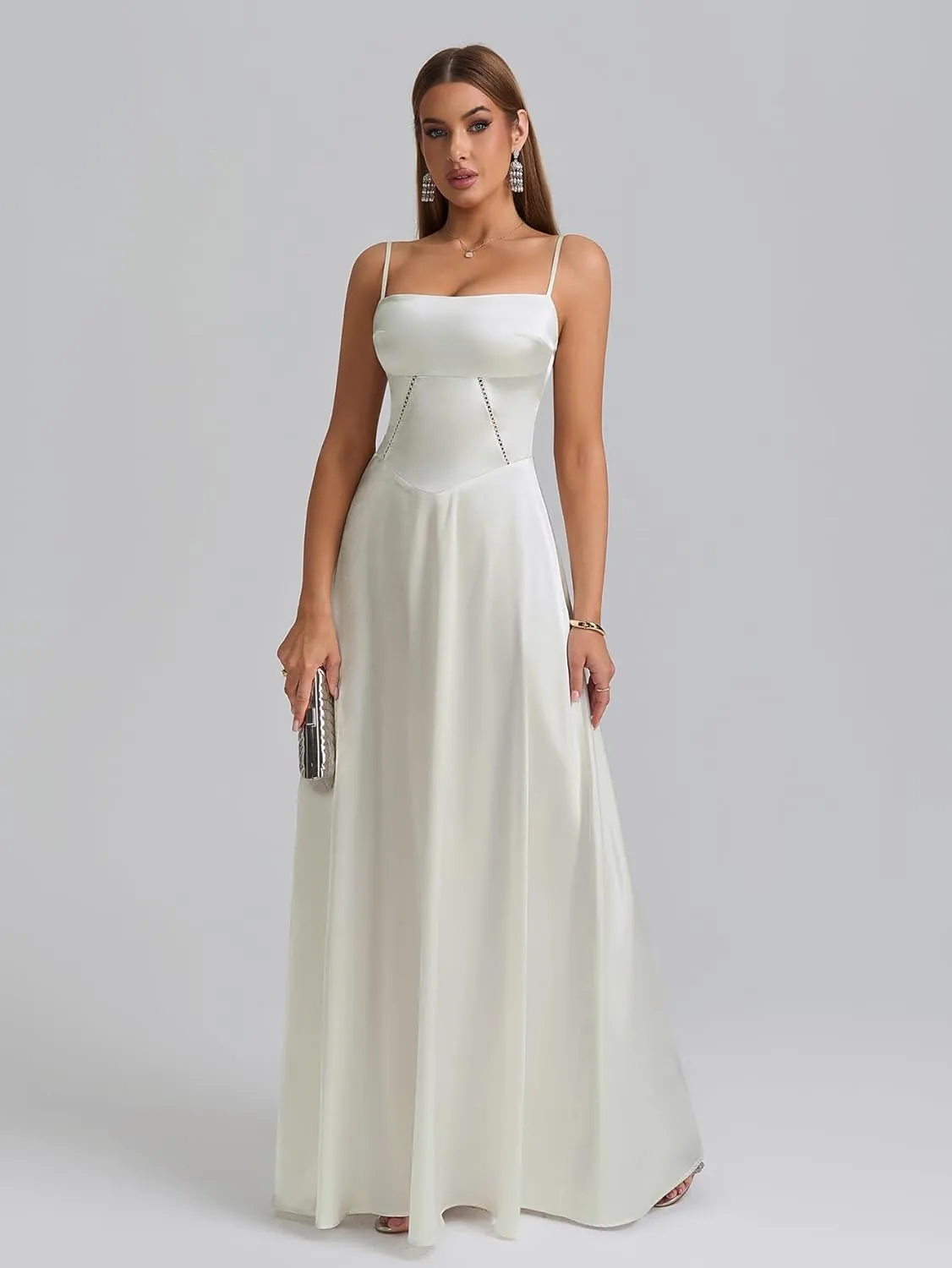 KUTUMAI Satin Maxi Dress Spaghetti Strap Lace Up Long Formal Dresses for Women Wedding Guest Cocktail Evening Prom