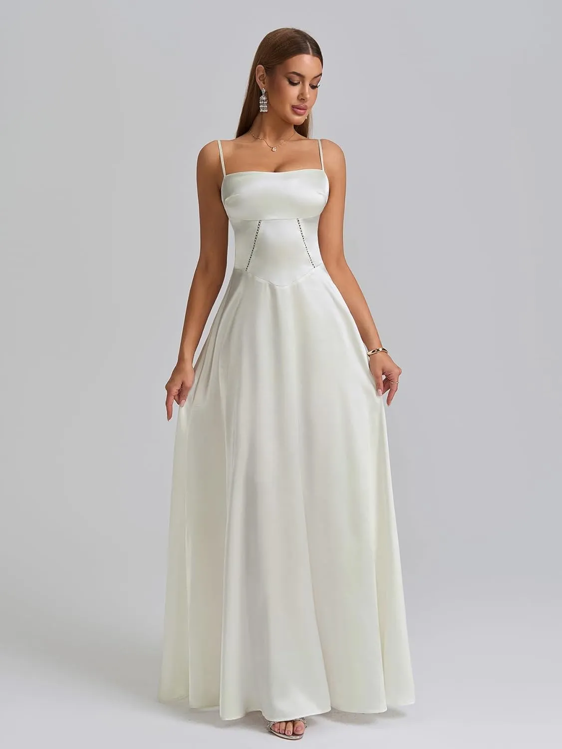 KUTUMAI Satin Maxi Dress Spaghetti Strap Lace Up Long Formal Dresses for Women Wedding Guest Cocktail Evening Prom