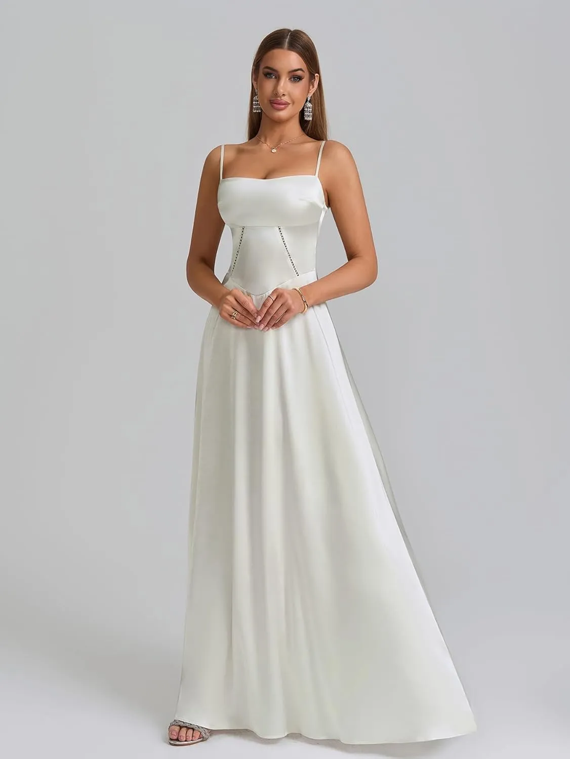 KUTUMAI Satin Maxi Dress Spaghetti Strap Lace Up Long Formal Dresses for Women Wedding Guest Cocktail Evening Prom