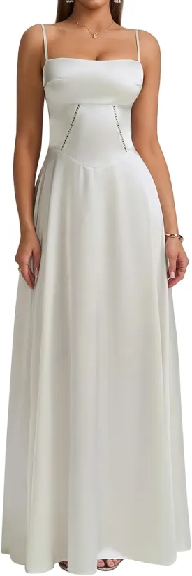 KUTUMAI Satin Maxi Dress Spaghetti Strap Lace Up Long Formal Dresses for Women Wedding Guest Cocktail Evening Prom