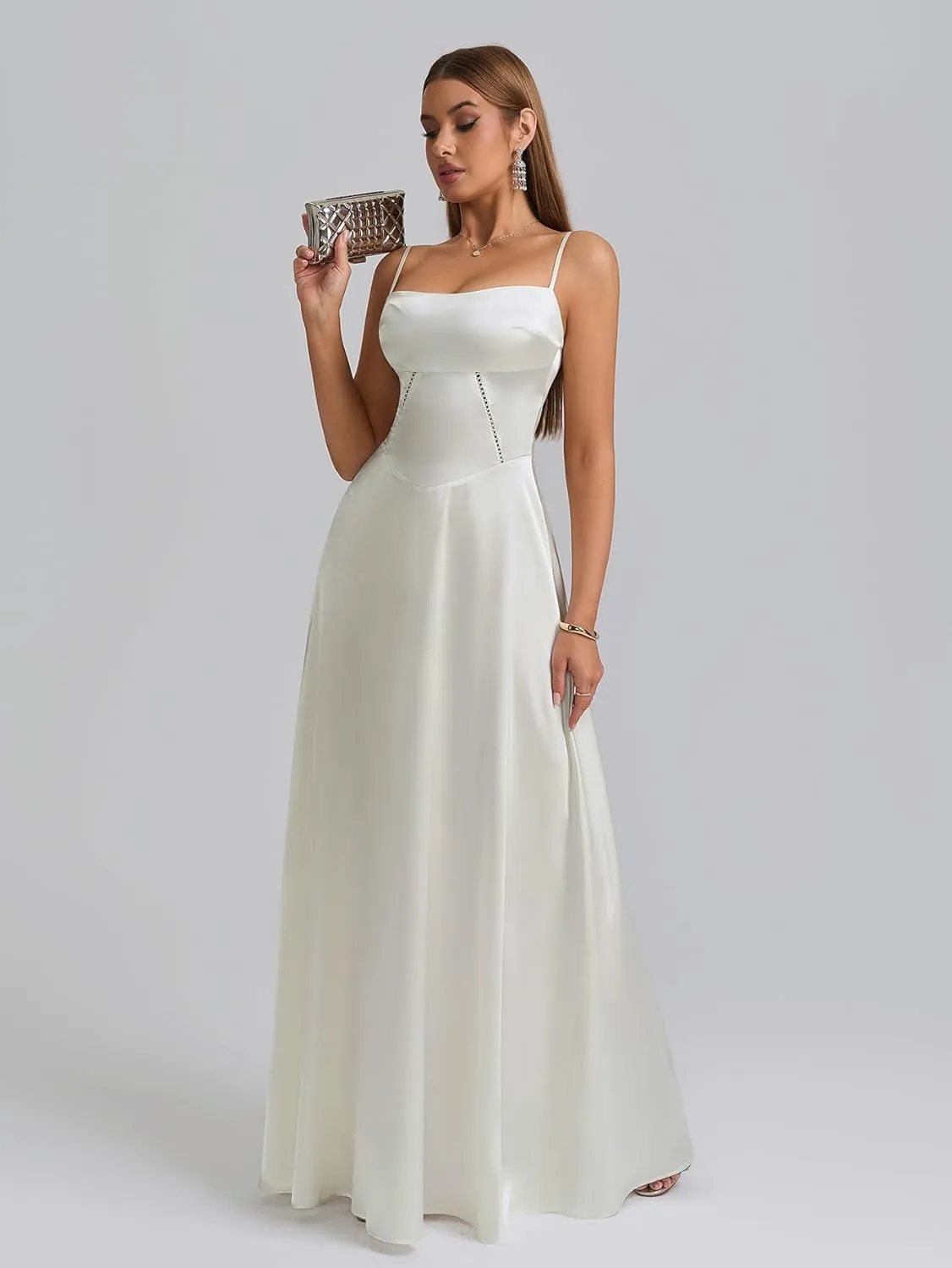 KUTUMAI Satin Maxi Dress Spaghetti Strap Lace Up Long Formal Dresses for Women Wedding Guest Cocktail Evening Prom