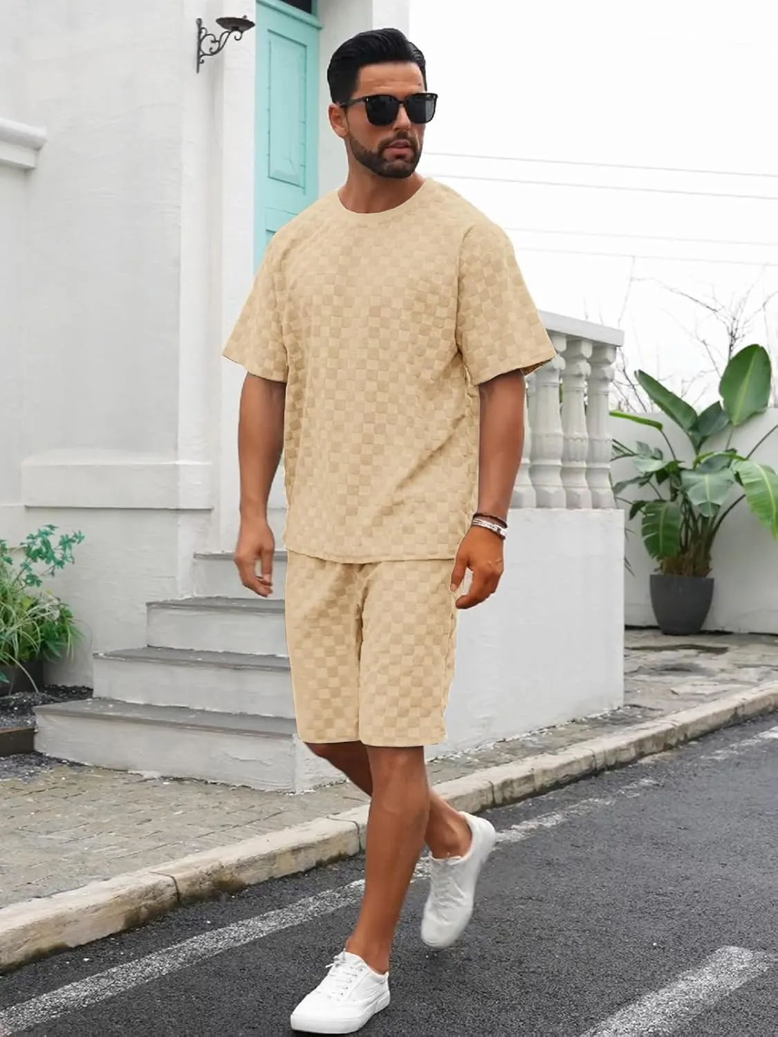 Men's 2 Piece Set Summer Outfits Casual Geometric Texture Short Sleeve Shirt and Shorts Track Suits for Men Set