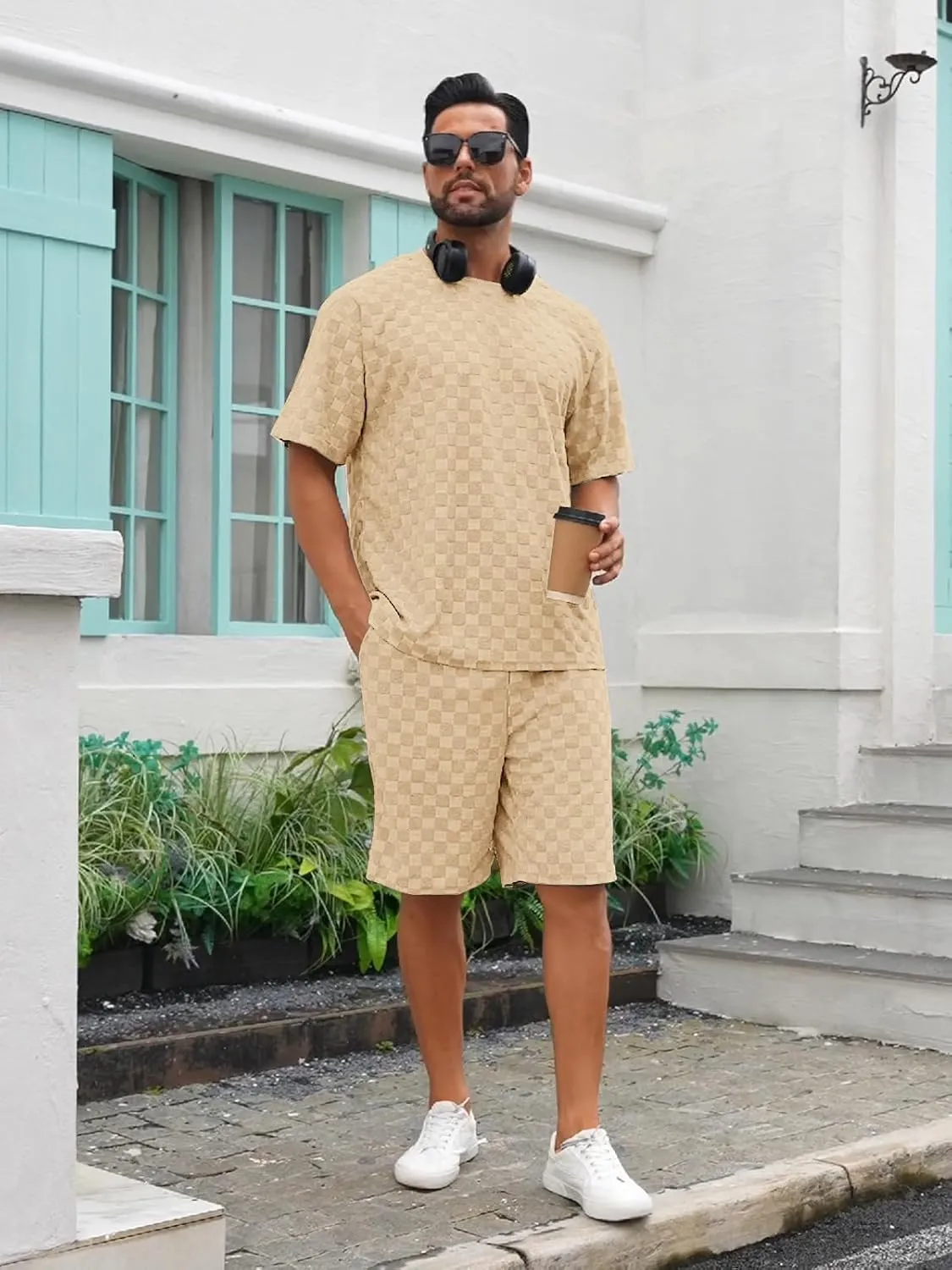 Men's 2 Piece Set Summer Outfits Casual Geometric Texture Short Sleeve Shirt and Shorts Track Suits for Men Set