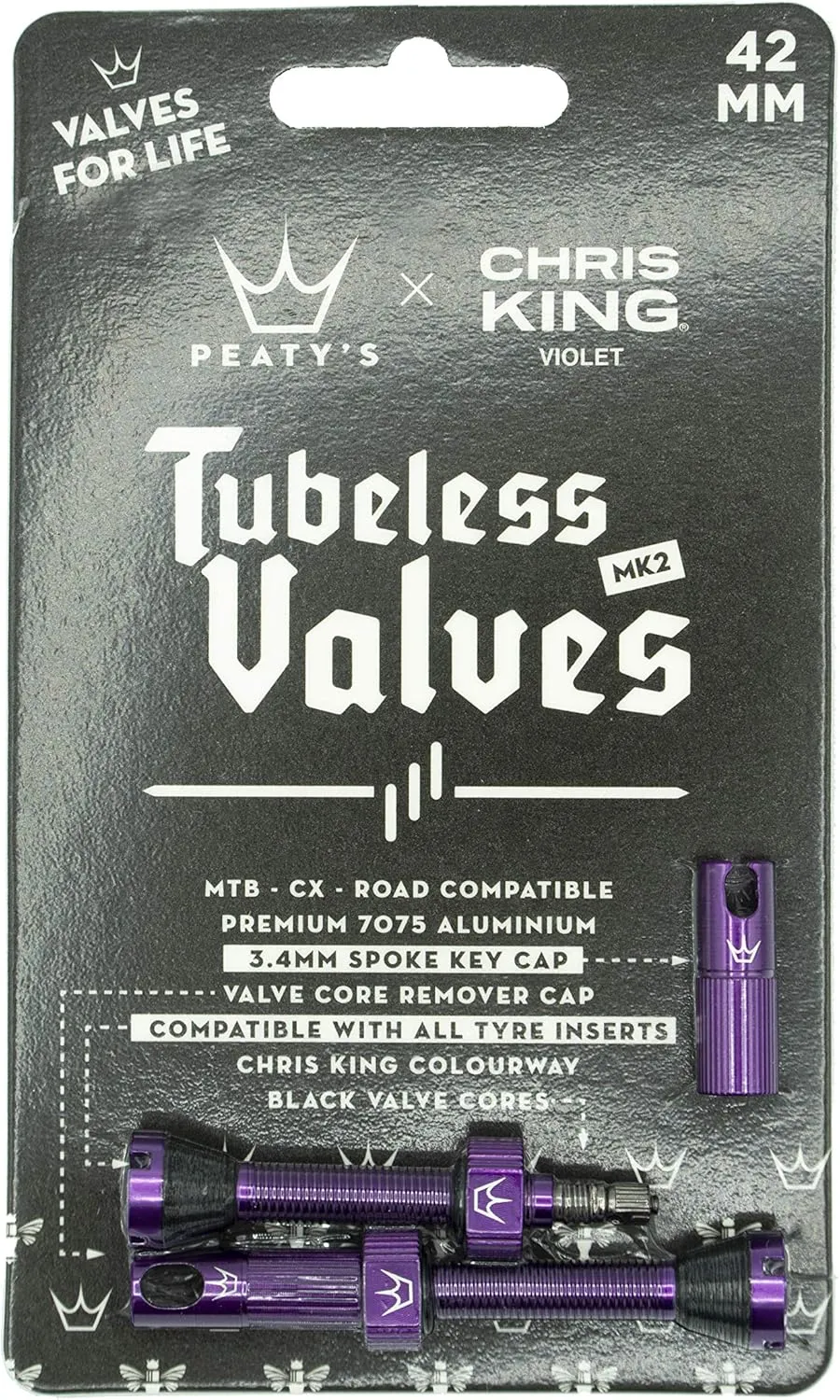 Peaty's X Chris King MK2 Tubeless Valves Presta - Integrated Spoke Key & Valve Core Removal Caps, Mountain Bike, Road & Gravel Bicycle Tyre, Insert Compatible, 7075 Aluminium - 42mm & 60mm