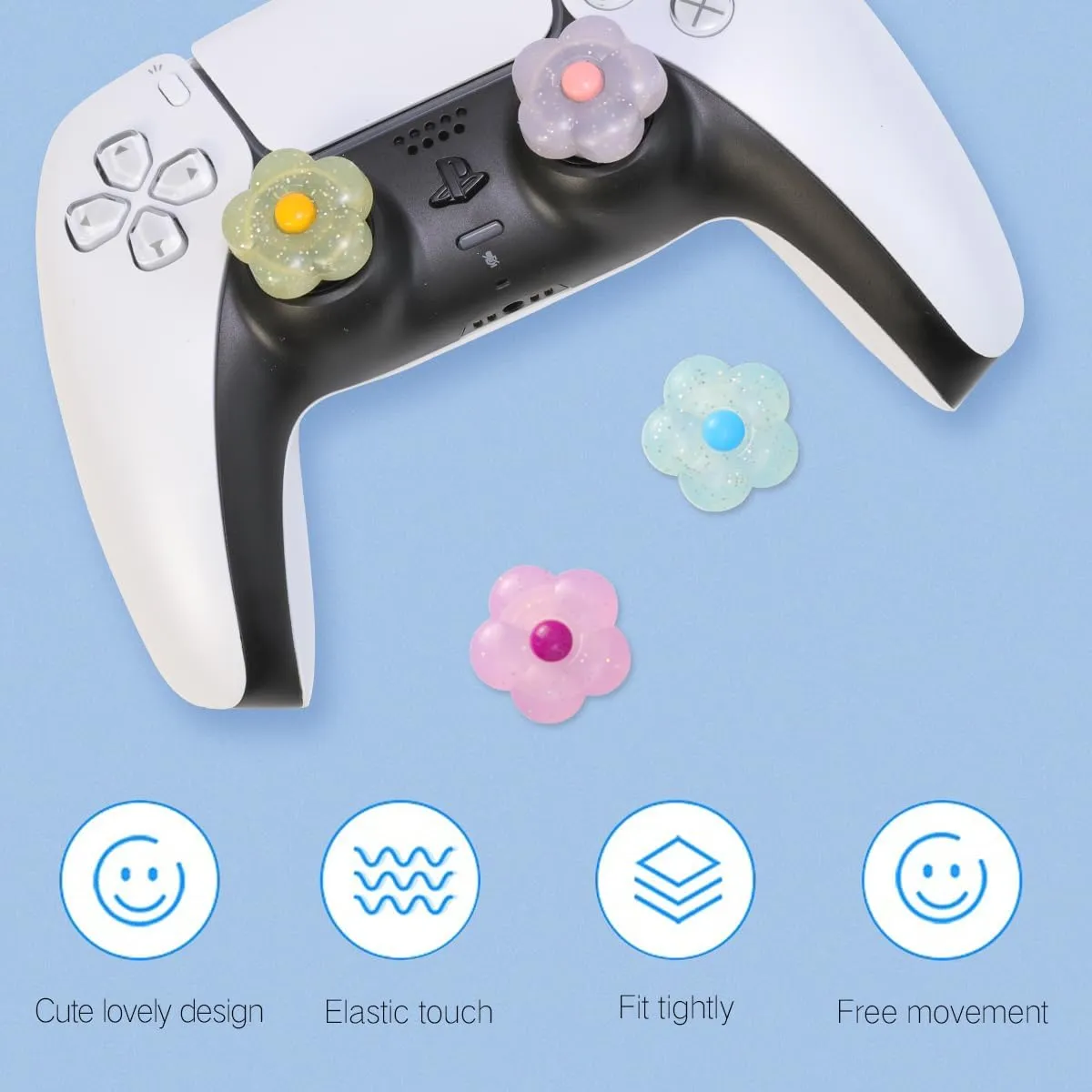 PERFECTSIGHT Cute Glitter Flowers Thumb Grip Caps for PlayStation 4/5, PS5, PS4, Xbox Series X/S, Xbox One, Switch PRO Controller, 4PCS Kawaii Soft Rubber 3D Analog Thumbsticks Grips Joystick Cover