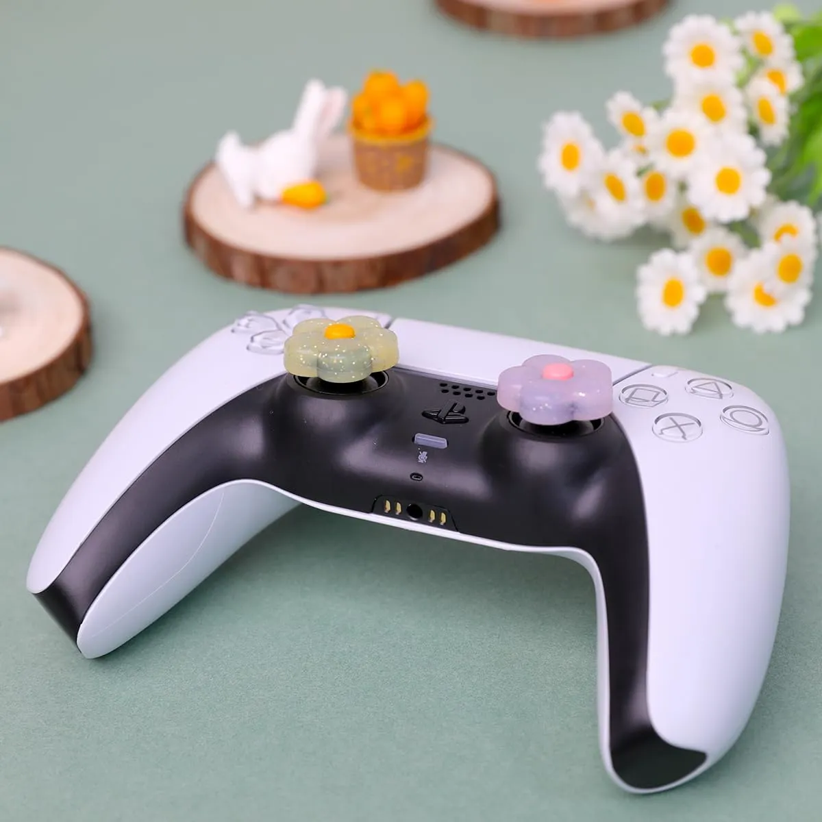 PERFECTSIGHT Cute Glitter Flowers Thumb Grip Caps for PlayStation 4/5, PS5, PS4, Xbox Series X/S, Xbox One, Switch PRO Controller, 4PCS Kawaii Soft Rubber 3D Analog Thumbsticks Grips Joystick Cover