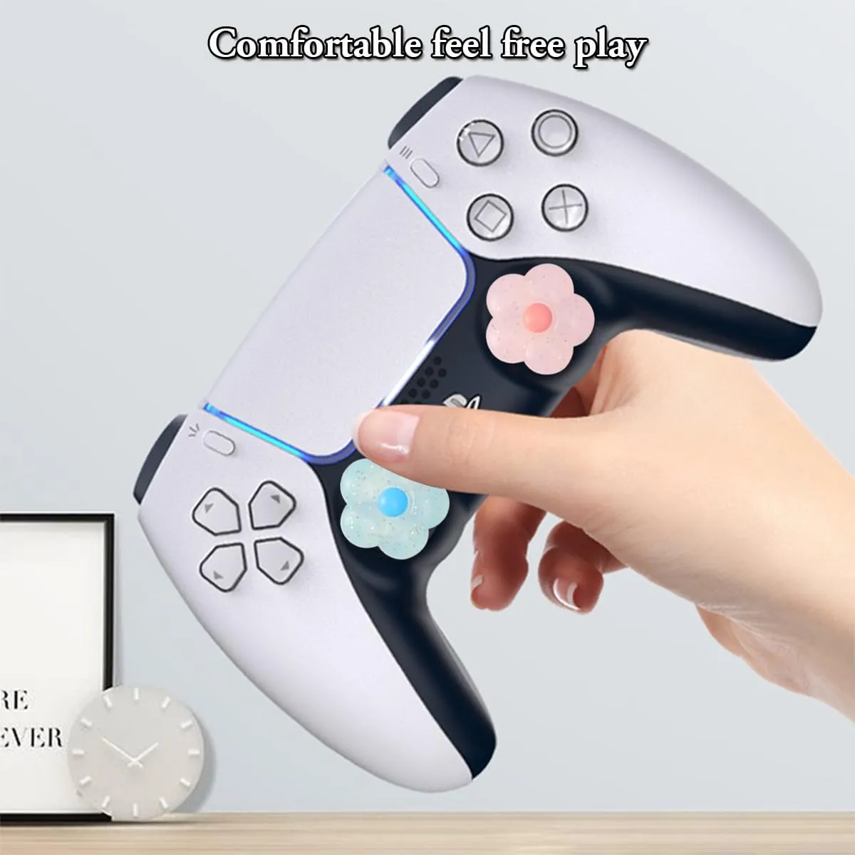 PERFECTSIGHT Cute Glitter Flowers Thumb Grip Caps for PlayStation 4/5, PS5, PS4, Xbox Series X/S, Xbox One, Switch PRO Controller, 4PCS Kawaii Soft Rubber 3D Analog Thumbsticks Grips Joystick Cover