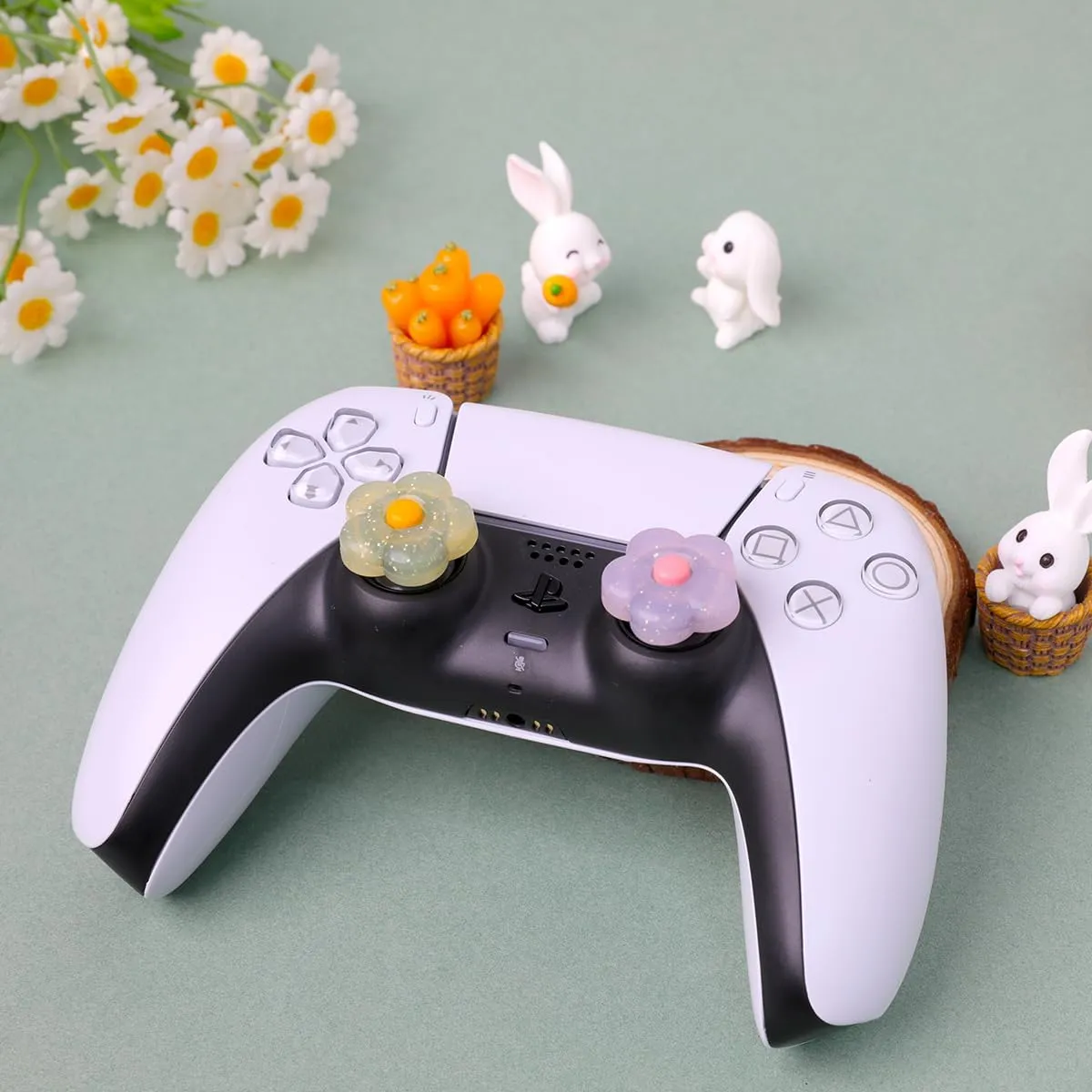 PERFECTSIGHT Cute Glitter Flowers Thumb Grip Caps for PlayStation 4/5, PS5, PS4, Xbox Series X/S, Xbox One, Switch PRO Controller, 4PCS Kawaii Soft Rubber 3D Analog Thumbsticks Grips Joystick Cover