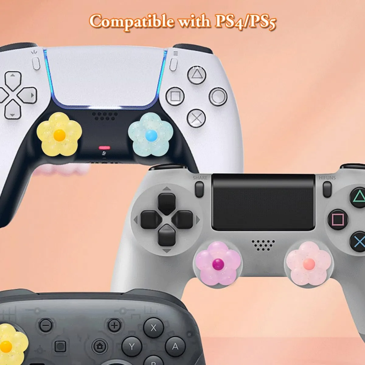PERFECTSIGHT Cute Glitter Flowers Thumb Grip Caps for PlayStation 4/5, PS5, PS4, Xbox Series X/S, Xbox One, Switch PRO Controller, 4PCS Kawaii Soft Rubber 3D Analog Thumbsticks Grips Joystick Cover