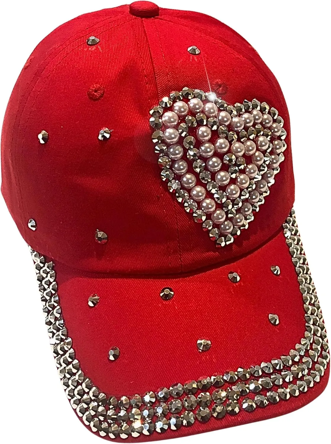 Popfizzy Pearl Heart Rhinestone Hat for Women, Bling Hats, Heart Accessories, Bedazzled Baseball Cap, Bling Gifts for Women