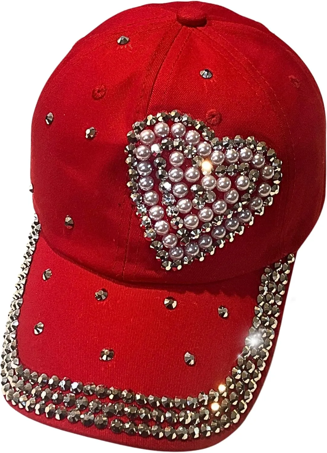 Popfizzy Pearl Heart Rhinestone Hat for Women, Bling Hats, Heart Accessories, Bedazzled Baseball Cap, Bling Gifts for Women
