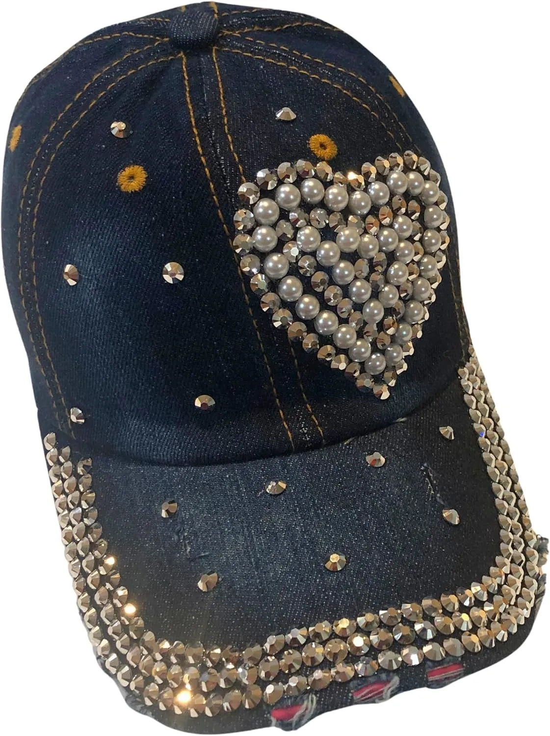 Popfizzy Pearl Heart Rhinestone Hat for Women, Bling Hats, Heart Accessories, Bedazzled Baseball Cap, Bling Gifts for Women