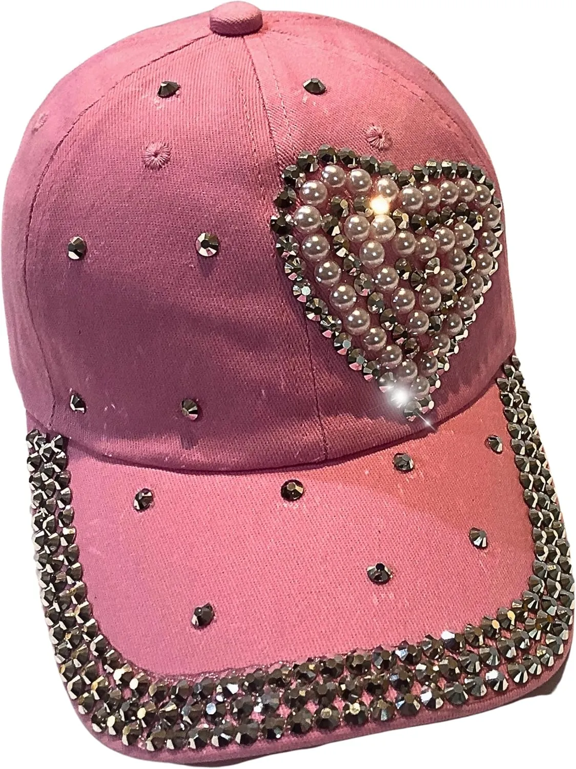 Popfizzy Pearl Heart Rhinestone Hat for Women, Bling Hats, Heart Accessories, Bedazzled Baseball Cap, Bling Gifts for Women