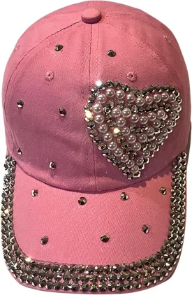 Popfizzy Pearl Heart Rhinestone Hat for Women, Bling Hats, Heart Accessories, Bedazzled Baseball Cap, Bling Gifts for Women