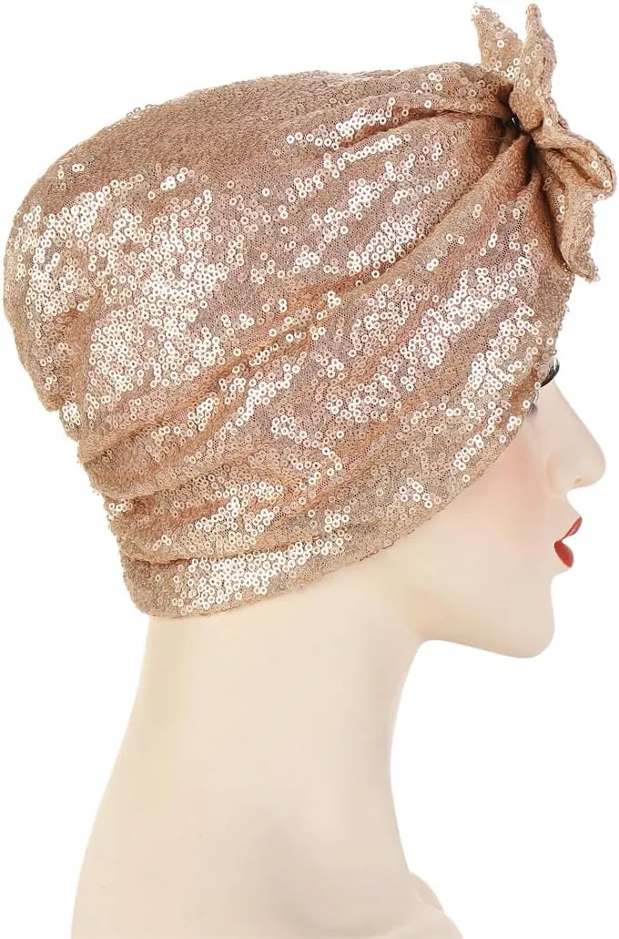 Pre Tied Turban Hats for Women - Knotted Solid Sequin Caps Chemo Beanies Headwrap Headwear for Cancer Daily Use