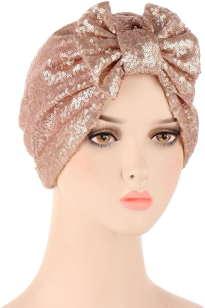 Pre Tied Turban Hats for Women - Knotted Solid Sequin Caps Chemo Beanies Headwrap Headwear for Cancer Daily Use