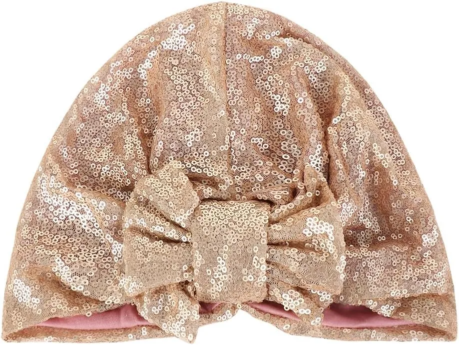 Pre Tied Turban Hats for Women - Knotted Solid Sequin Caps Chemo Beanies Headwrap Headwear for Cancer Daily Use