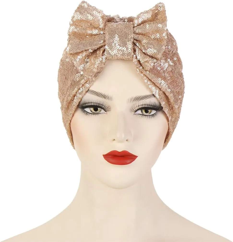 Pre Tied Turban Hats for Women - Knotted Solid Sequin Caps Chemo Beanies Headwrap Headwear for Cancer Daily Use