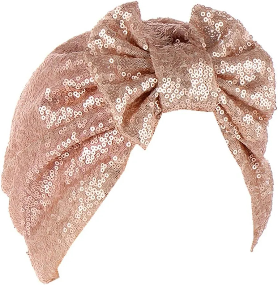 Pre Tied Turban Hats for Women - Knotted Solid Sequin Caps Chemo Beanies Headwrap Headwear for Cancer Daily Use