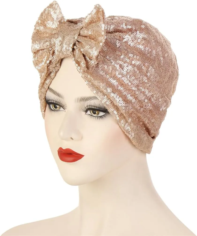 Pre Tied Turban Hats for Women - Knotted Solid Sequin Caps Chemo Beanies Headwrap Headwear for Cancer Daily Use