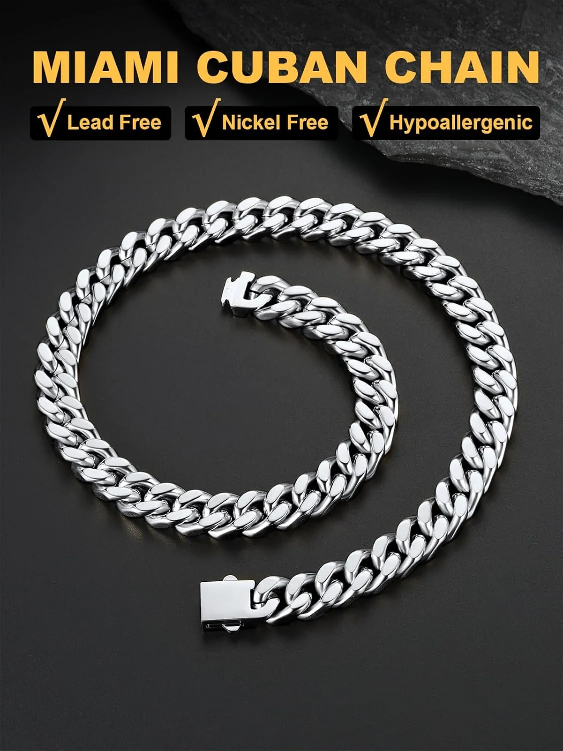 U7 Stainless Steel Cuban Link Chain,Black/14K Gold Miami Mens Cuban Chain, 5mm/7mm/9mm/12mm Hip Hop Chains for Men,18-30 inches