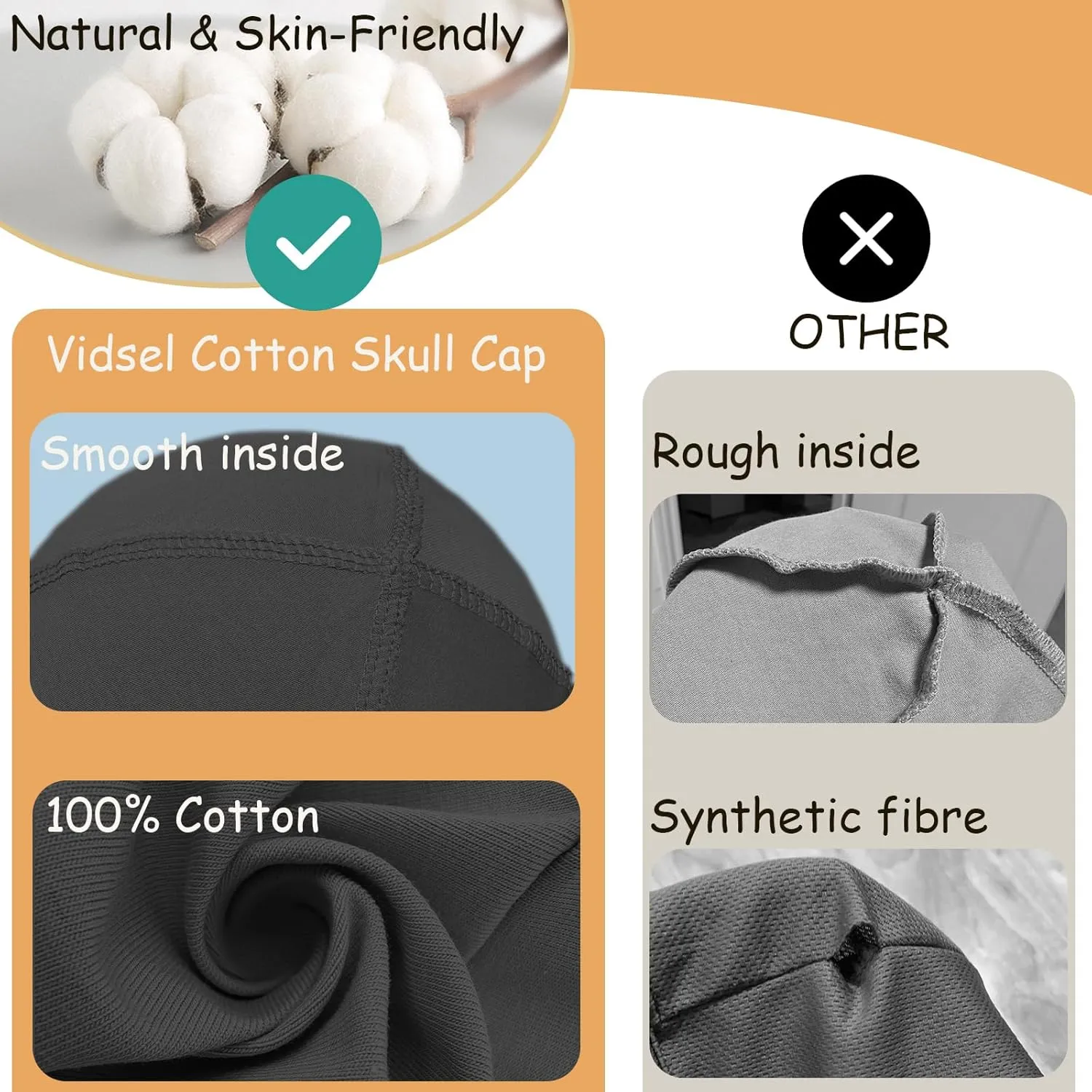 vidsel 100% Cotton Skull Caps for Men Women Breathable Night Cap Sleep Hats Soft Lightweight Running Beanie Helmet Liner