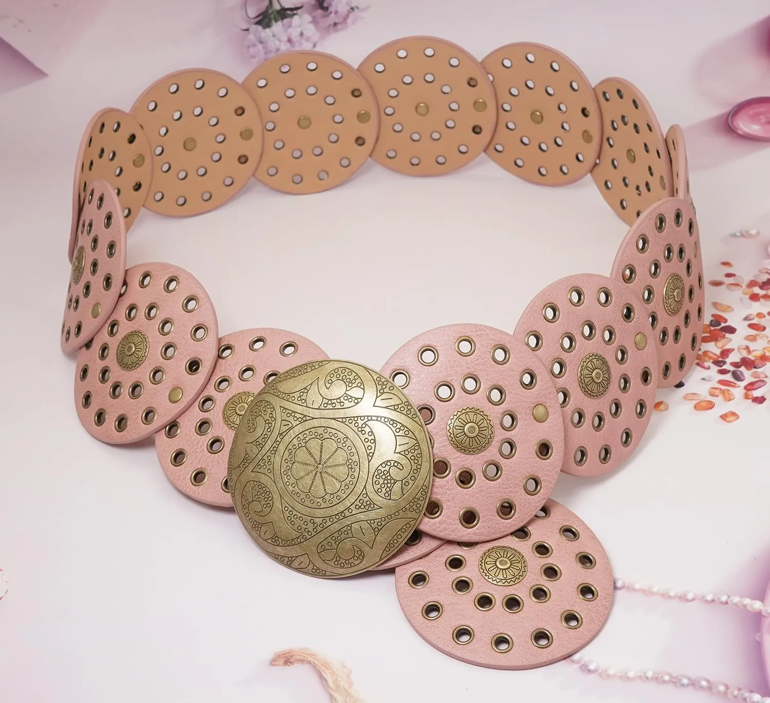 Wide Disc Belt for Women Boho Concho Leather Belts Vintage Western Waist Belt