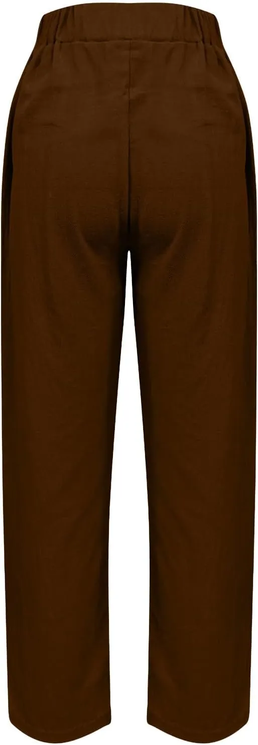 Womens Cotton Linen Pants Summer Wide Leg Solid High Waisted Palazzo Pants Flowy Lounge Beach Trousers with Pockets
