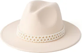 Womens Wide Brim Fedora Hat with Pearl Band Lady Panama Hat