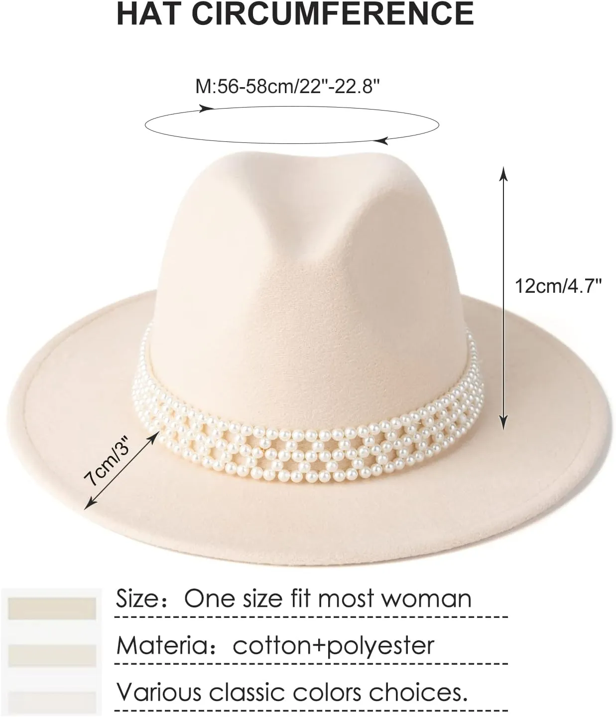 Womens Wide Brim Fedora Hat with Pearl Band Lady Panama Hat