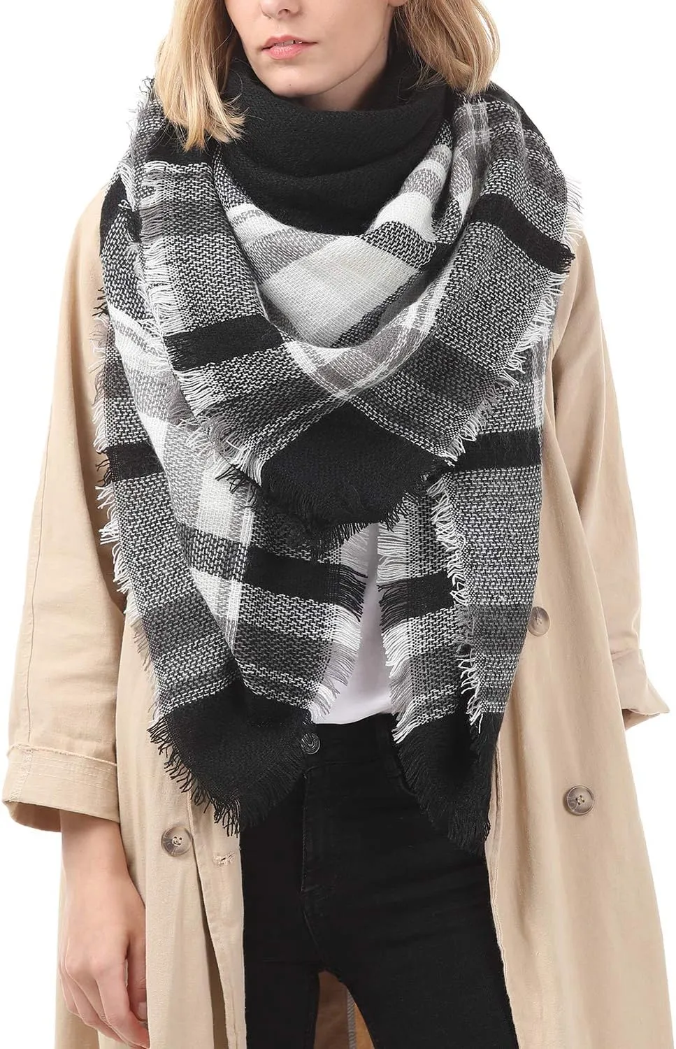 Zando Plaid Blanket Thick Winter Scarf Tartan Chunky Wrap Oversized Shawl Cape Scarves